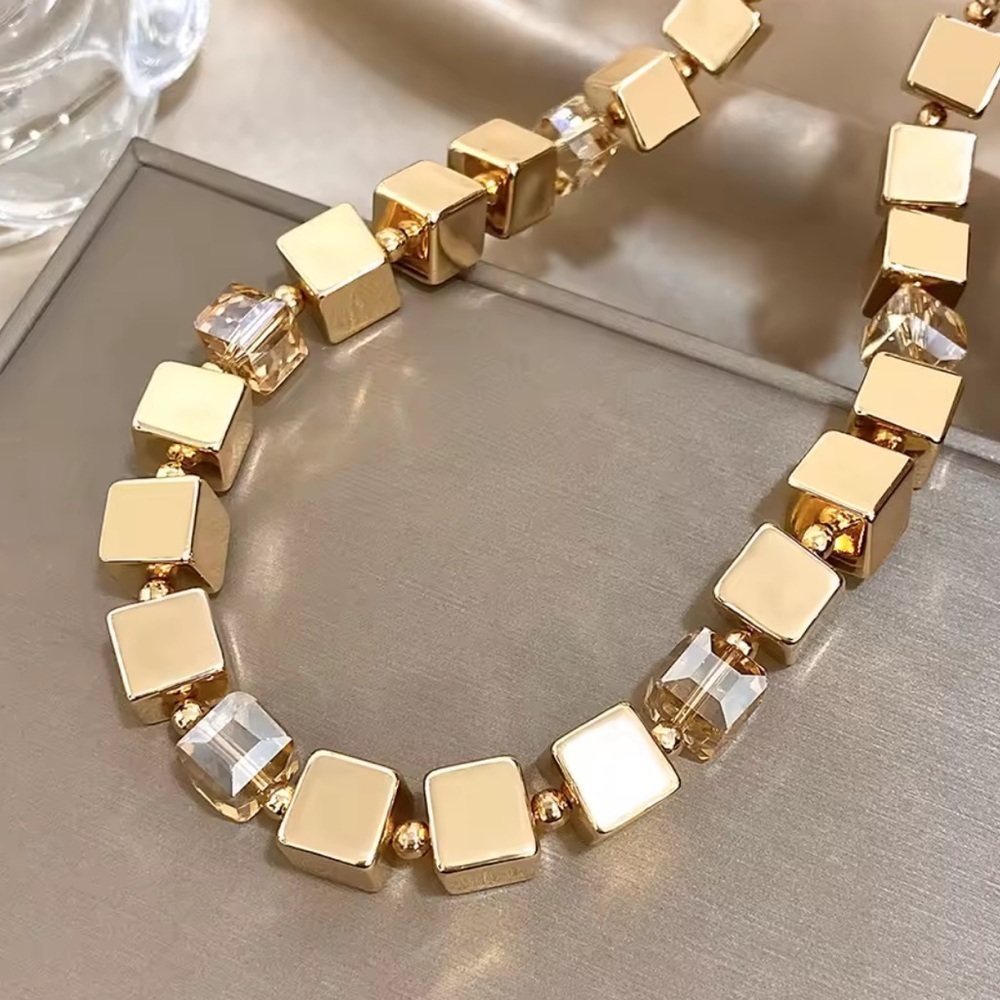 Anthropologie Gold Cube & Crystal Chunky Necklace – Modern Geometric Statement
